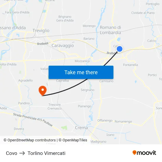 Covo to Torlino Vimercati map