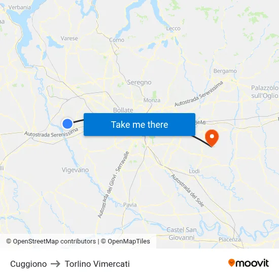 Cuggiono to Torlino Vimercati map