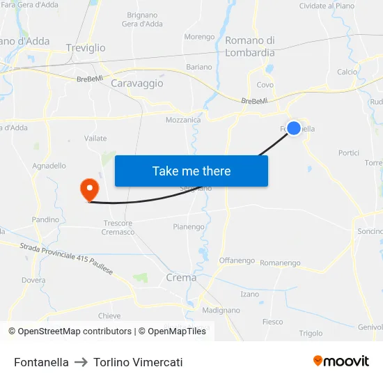 Fontanella to Torlino Vimercati map