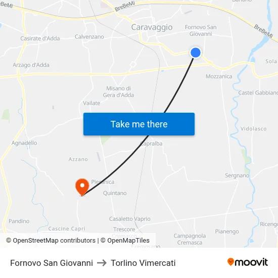 Fornovo San Giovanni to Torlino Vimercati map