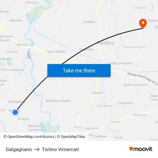 Galgagnano to Torlino Vimercati map