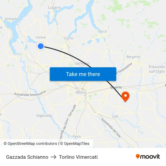 Gazzada Schianno to Torlino Vimercati map