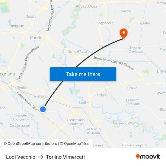 Lodi Vecchio to Torlino Vimercati map