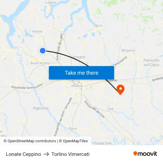 Lonate Ceppino to Torlino Vimercati map