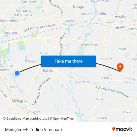 Mediglia to Torlino Vimercati map
