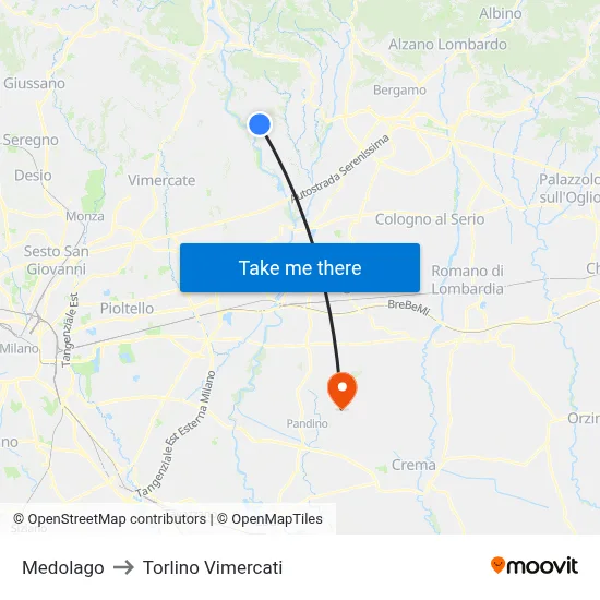 Medolago to Torlino Vimercati map