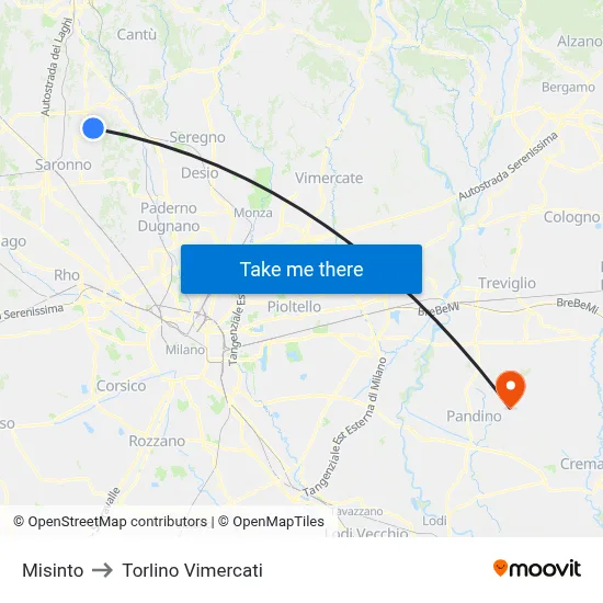 Misinto to Torlino Vimercati map