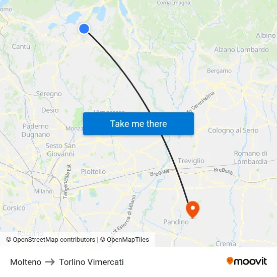 Molteno to Torlino Vimercati map