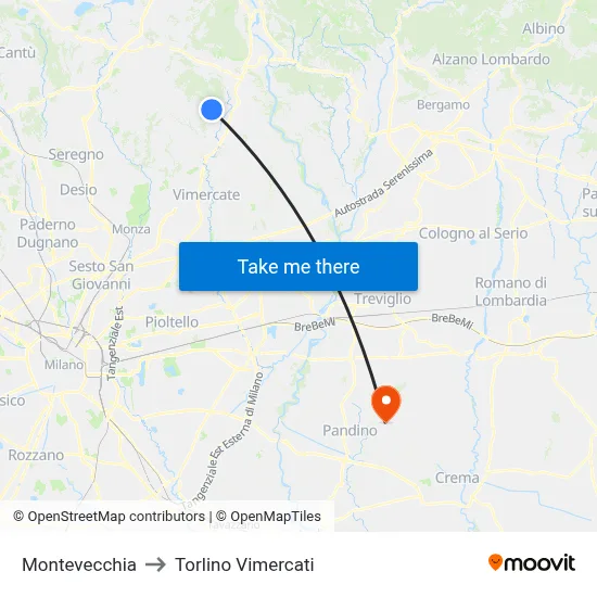 Montevecchia to Torlino Vimercati map