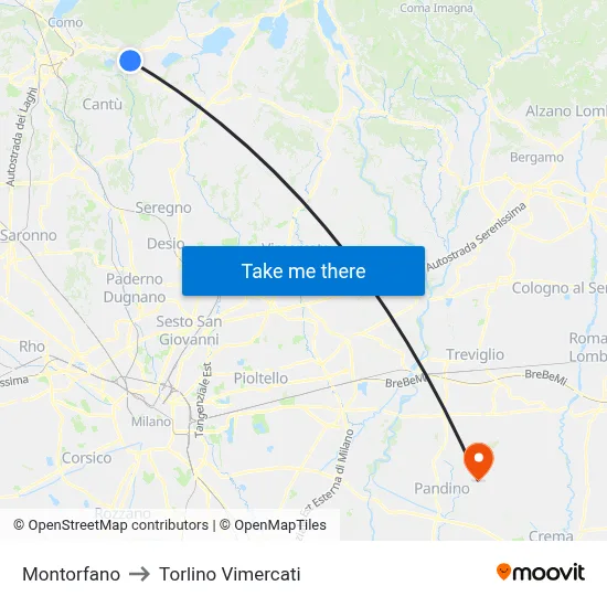 Montorfano to Torlino Vimercati map