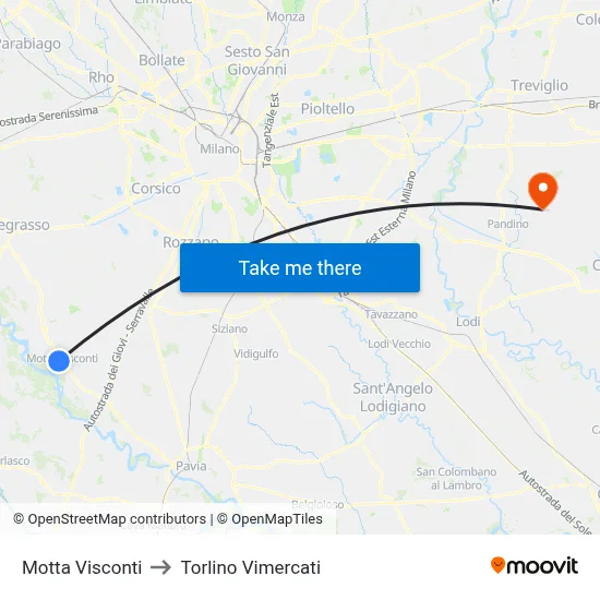 Motta Visconti to Torlino Vimercati map