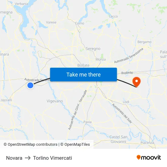 Novara to Torlino Vimercati map