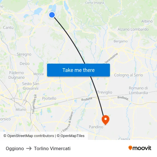 Oggiono to Torlino Vimercati map