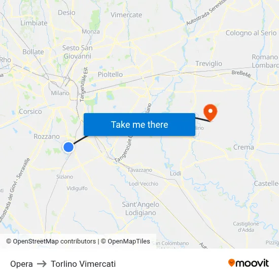 Opera to Torlino Vimercati map