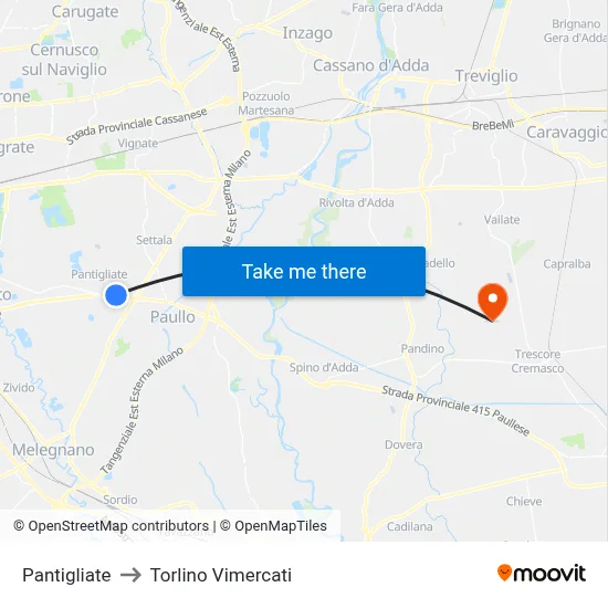 Pantigliate to Torlino Vimercati map