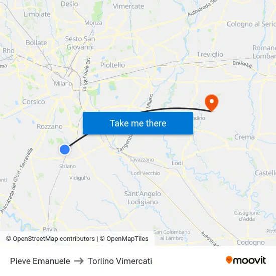 Pieve Emanuele to Torlino Vimercati map