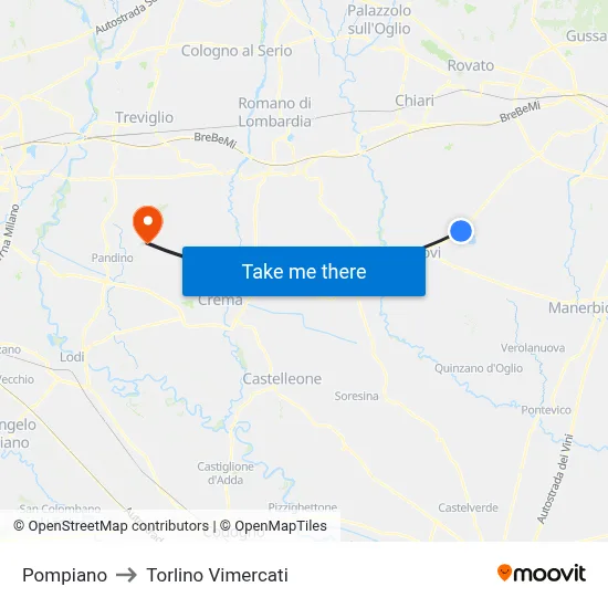 Pompiano to Torlino Vimercati map