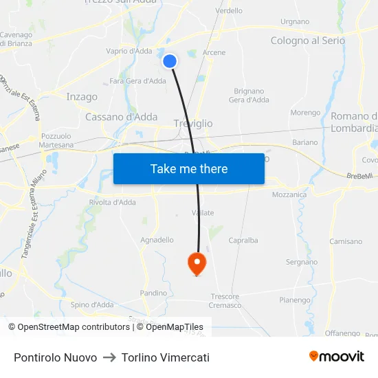 Pontirolo Nuovo to Torlino Vimercati map