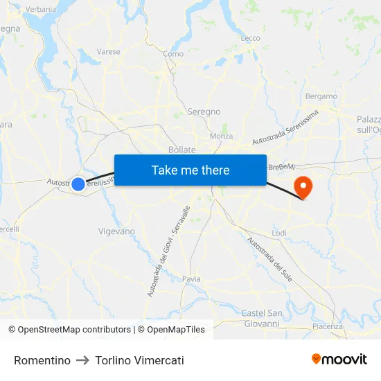 Romentino to Torlino Vimercati map