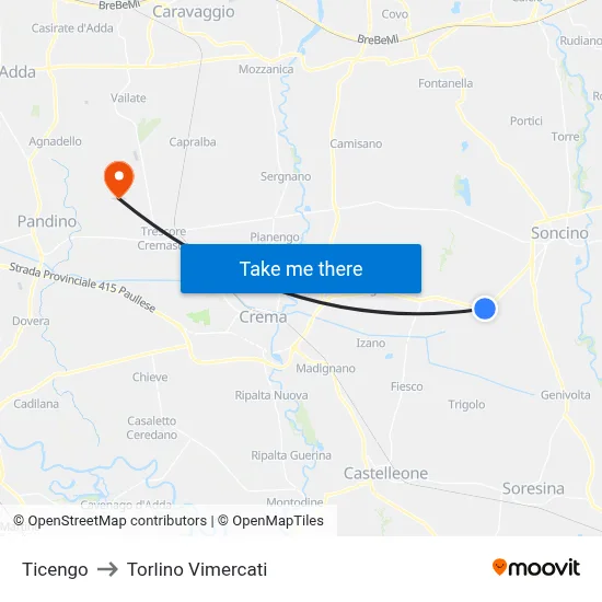 Ticengo to Torlino Vimercati map