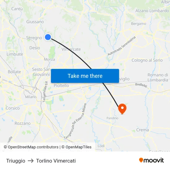 Triuggio to Torlino Vimercati map