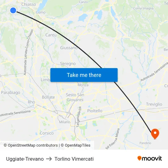 Uggiate-Trevano to Torlino Vimercati map