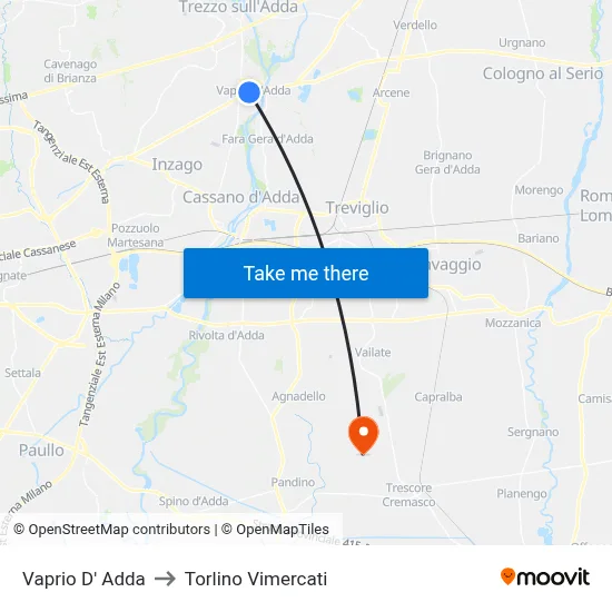 Vaprio D' Adda to Torlino Vimercati map