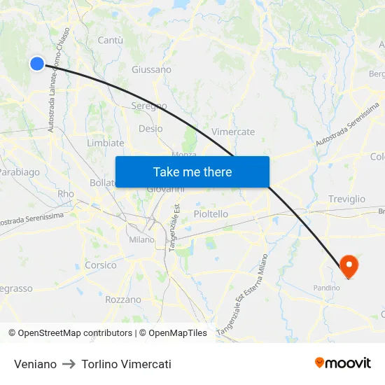 Veniano to Torlino Vimercati map