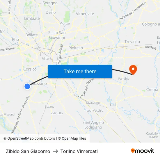 Zibido San Giacomo to Torlino Vimercati map