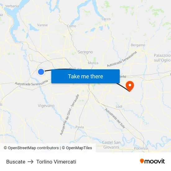 Buscate to Torlino Vimercati map