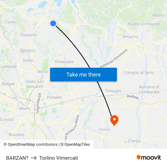 Barzan to Torlino Vimercati map