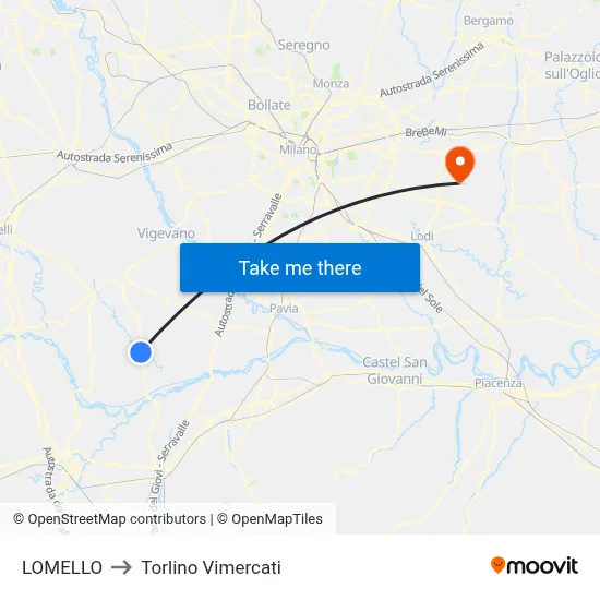 Lomello to Torlino Vimercati map