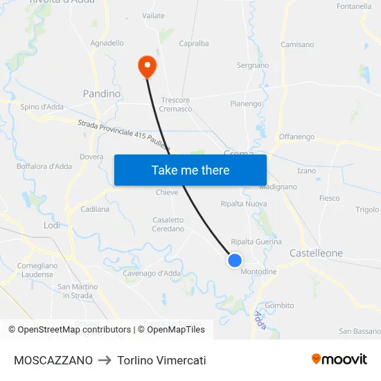 Moscazzano to Torlino Vimercati map