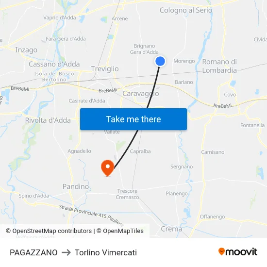 Pagazzano to Torlino Vimercati map