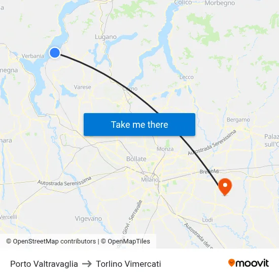 Porto Valtravaglia to Torlino Vimercati map