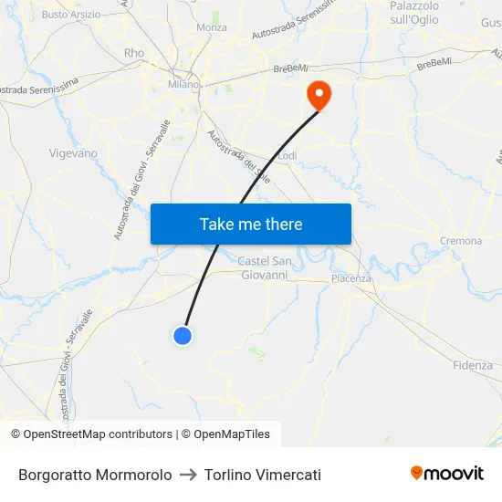 Borgoratto Mormorolo to Torlino Vimercati map