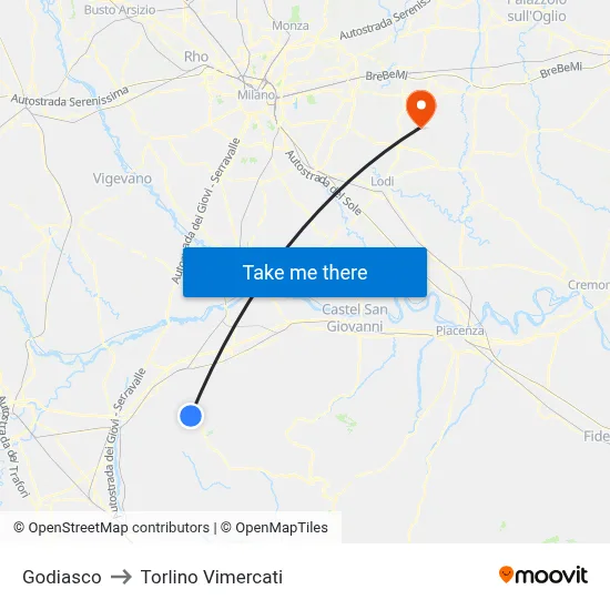 Godiasco to Torlino Vimercati map