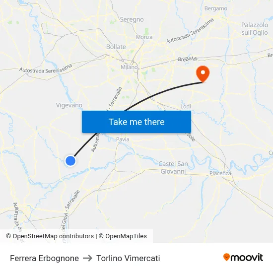 Ferrera Erbognone to Torlino Vimercati map