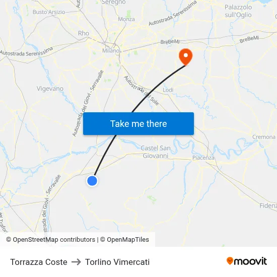 Torrazza Coste to Torlino Vimercati map