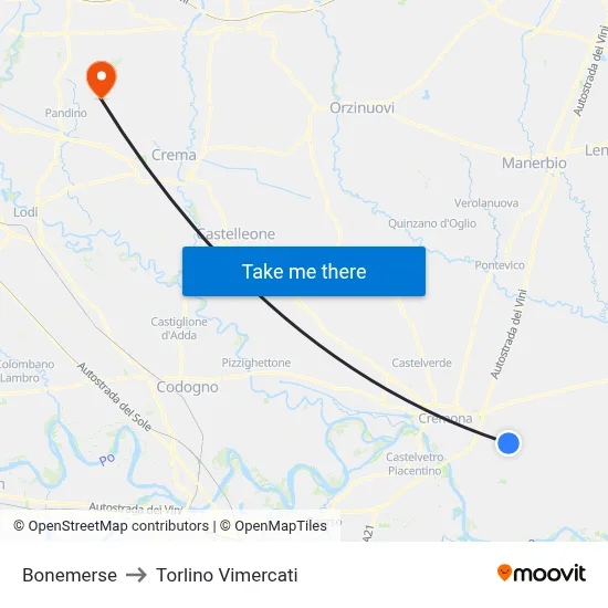 Bonemerse to Torlino Vimercati map