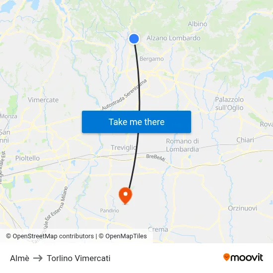Almè to Torlino Vimercati map