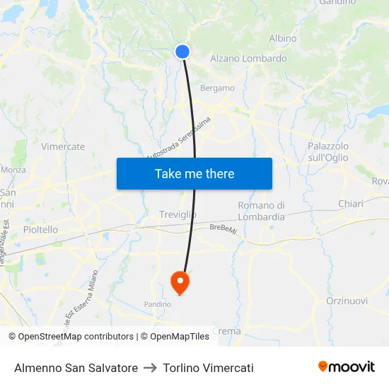 Almenno San Salvatore to Torlino Vimercati map