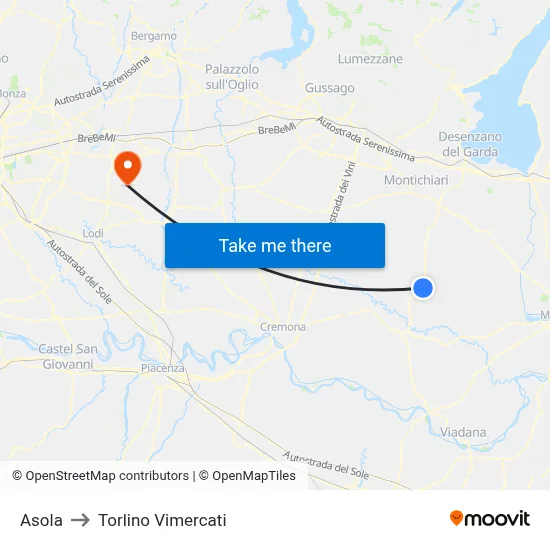Asola to Torlino Vimercati map