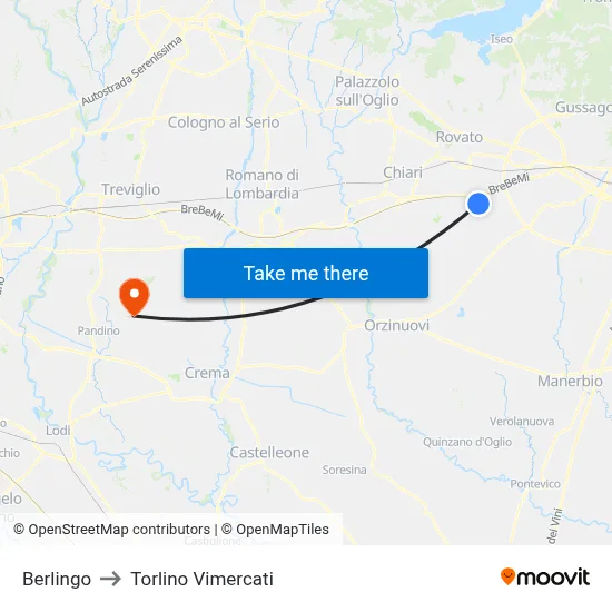 Berlingo to Torlino Vimercati map