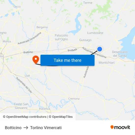 Botticino to Torlino Vimercati map