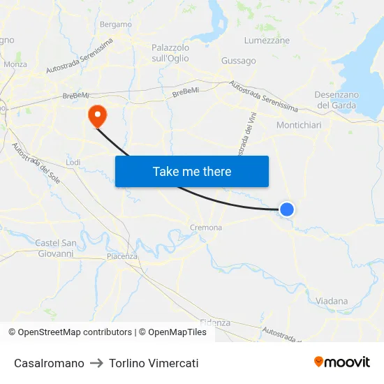 Casalromano to Torlino Vimercati map