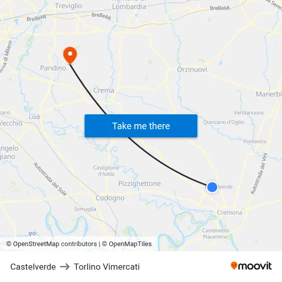 Castelverde to Torlino Vimercati map