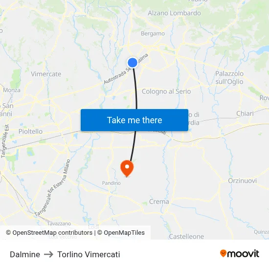 Dalmine to Torlino Vimercati map