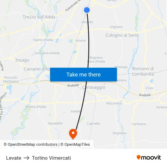 Levate to Torlino Vimercati map
