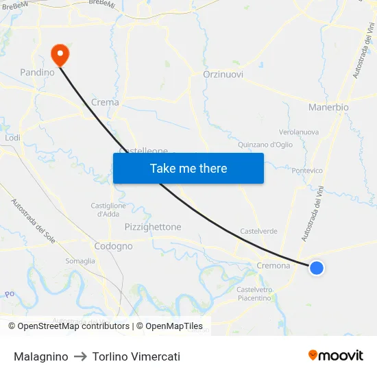 Malagnino to Torlino Vimercati map